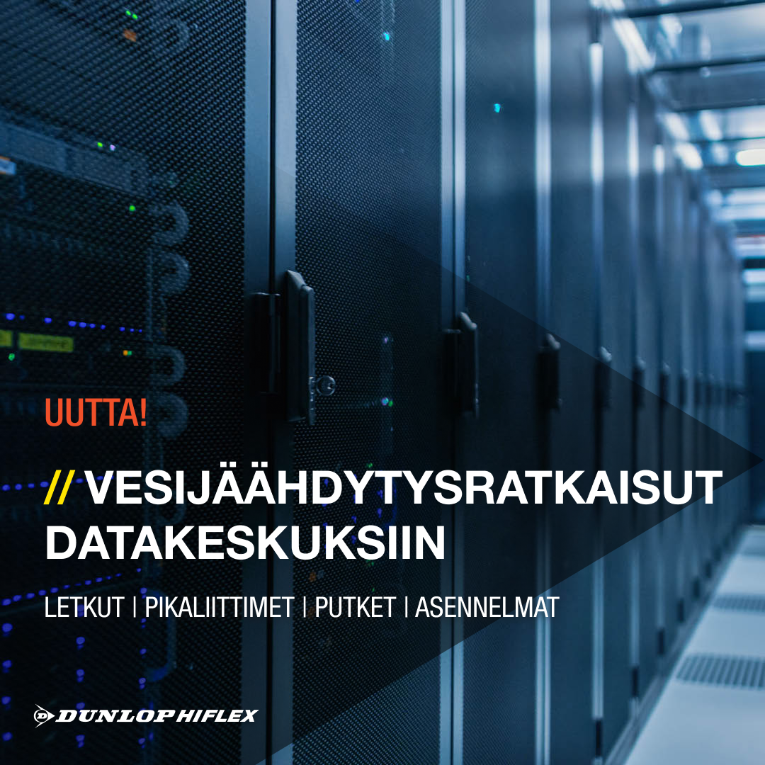 Kuva datakeskuksen palvelimista. Kuvan päällä tekstiä ja logo.